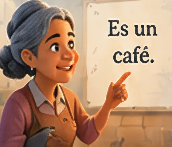 Maestra Luz pointing at a card that says “Es un café.”