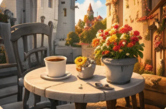 A café table on a sunny terrace
