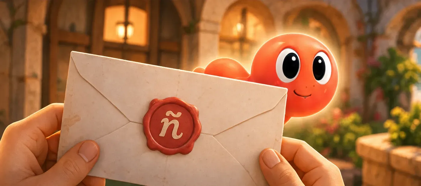 Tilde peeking over a letter sealed with a wax ñ